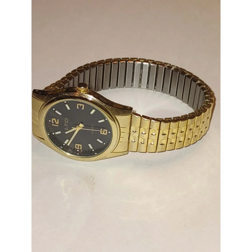 LTD Quartz Watch Gold Tone Black Dial Expansion Band M.Z. Berger BEZ114 WORKS